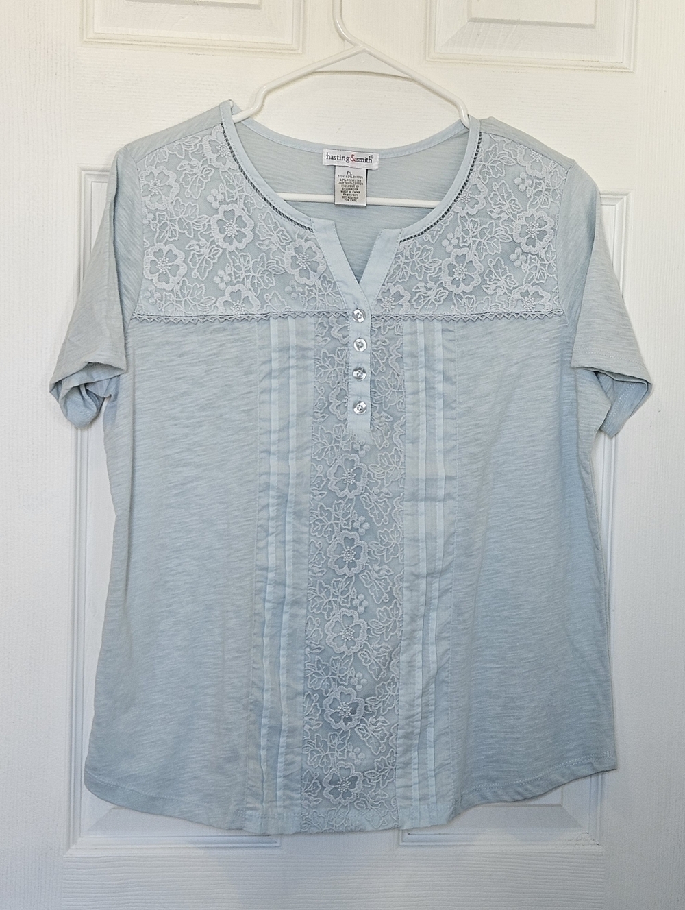 Hastings & Smith Light Blue Floral Lace Henley Tee